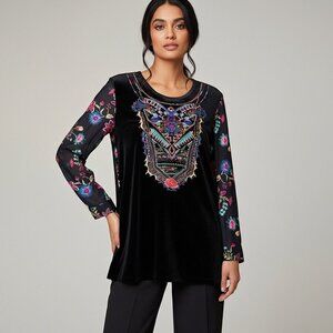 Calessa Boho Velvet Embroidered Floral Top Size M